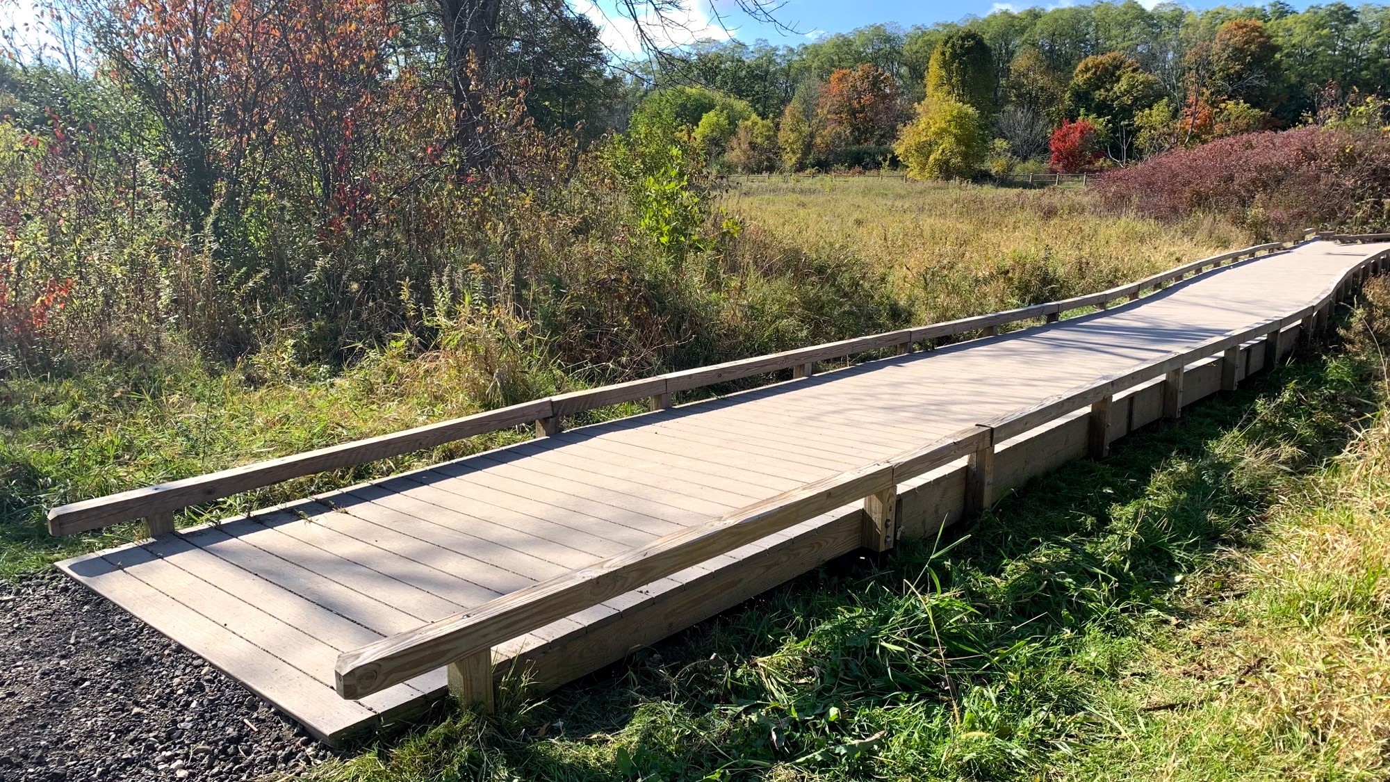 side view of beautiful boardwalk in Menonomee Park's Dog Exercise Area for large breed dogs. Buy a plank and personalize it!