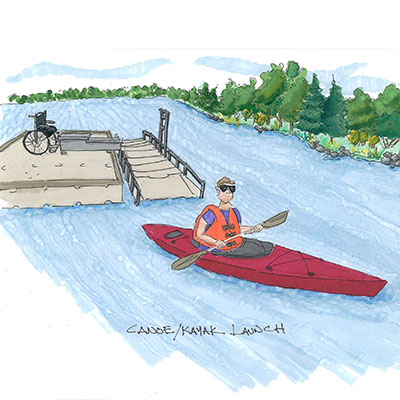 Conceptual sketch of kayaker coming off accessible launch from wheelchair