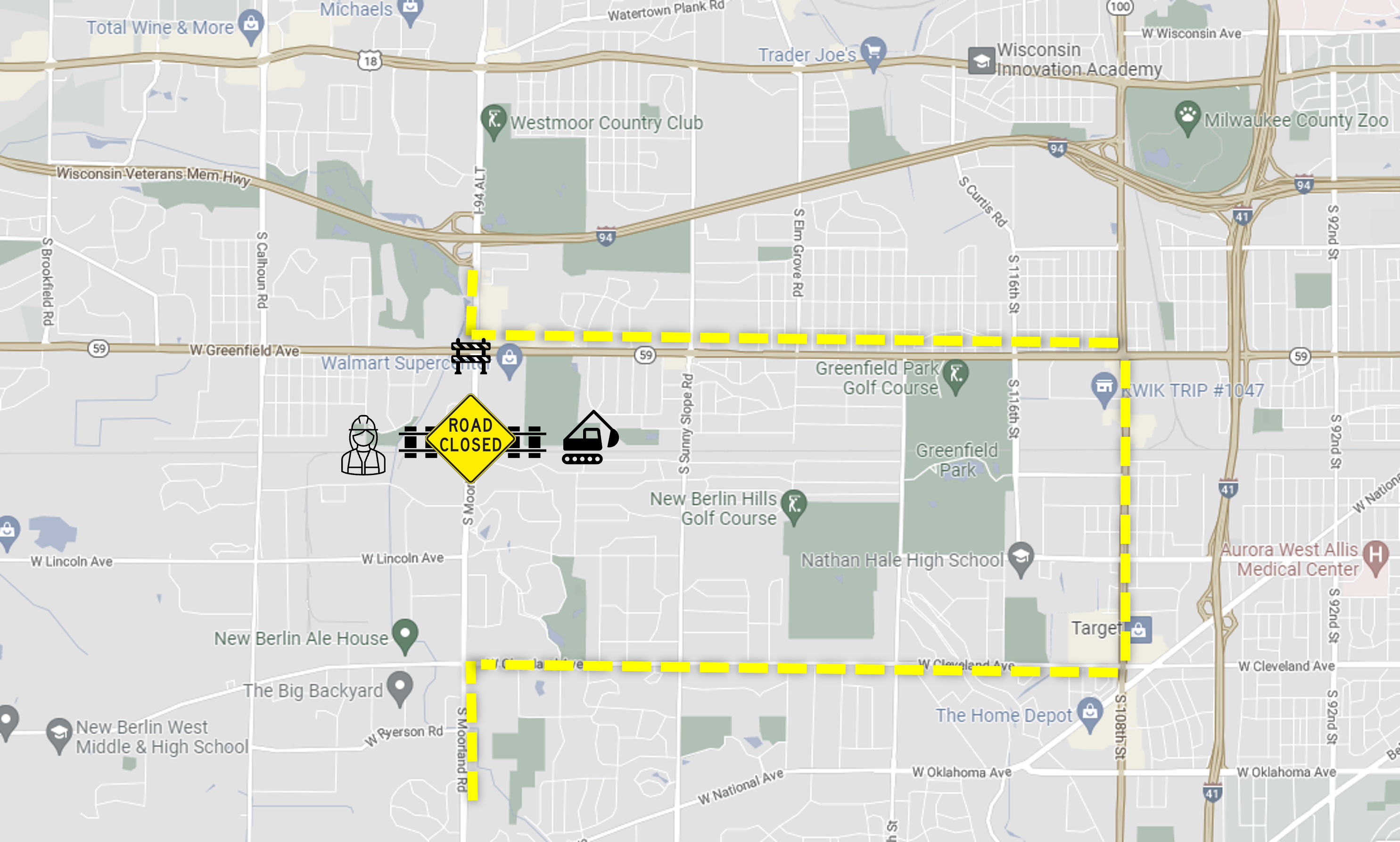 Map of Moorland Rd closure at railroad crossing - detour route