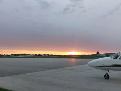 Grounded airplanes with sunset